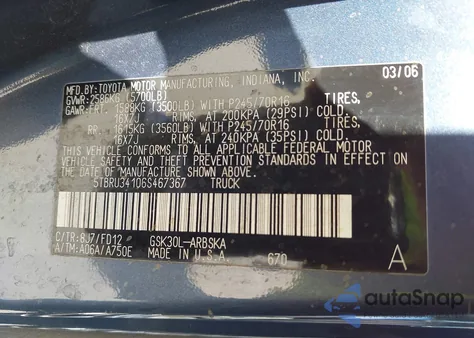 2006 Toyota Tundra Sr5 z USA, uszkodzony, nr VIN 5TBRU34106S467367